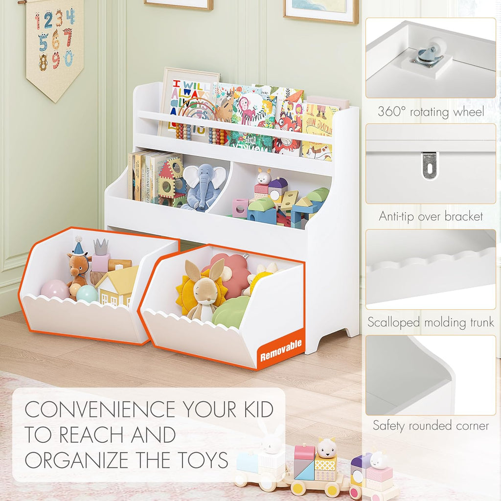 Spirich Kids Bookshelf with Bookcase and Roll-Out Toy Storage Organizer Box