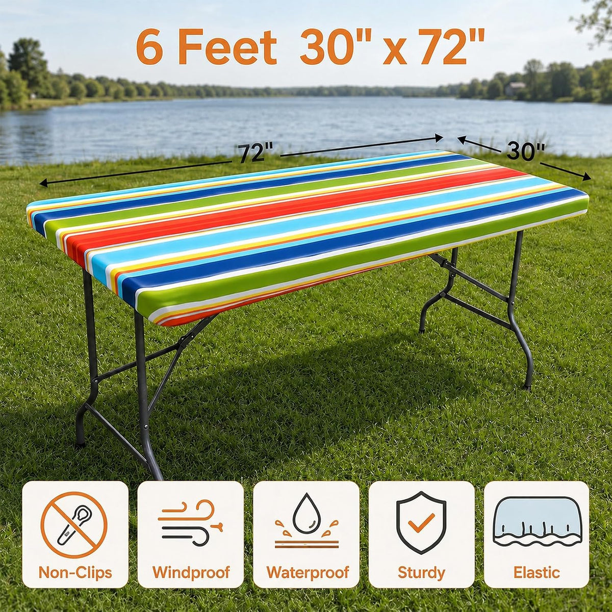 6FT Rectangle Fitted Table Cloth, Elastic Tablecloth, Stripes, 30x72"