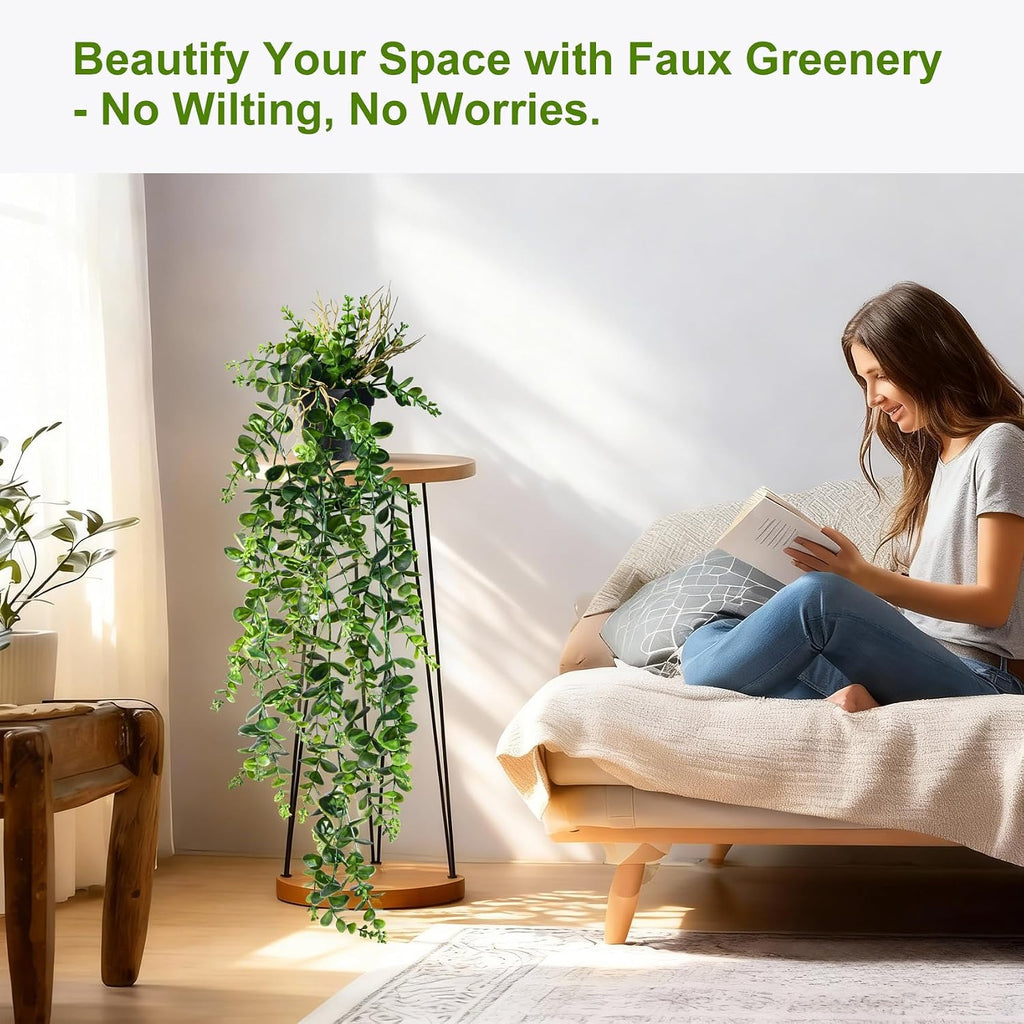 Artificial Hanging Plant 2 Pcs Faux Eucalyptus Vine Ivy Vine Faux Plant Fake Potted Greenery for Wall Living Room Home Shelf Office Bathroom Outdoor Indoor Decor (Type 2)