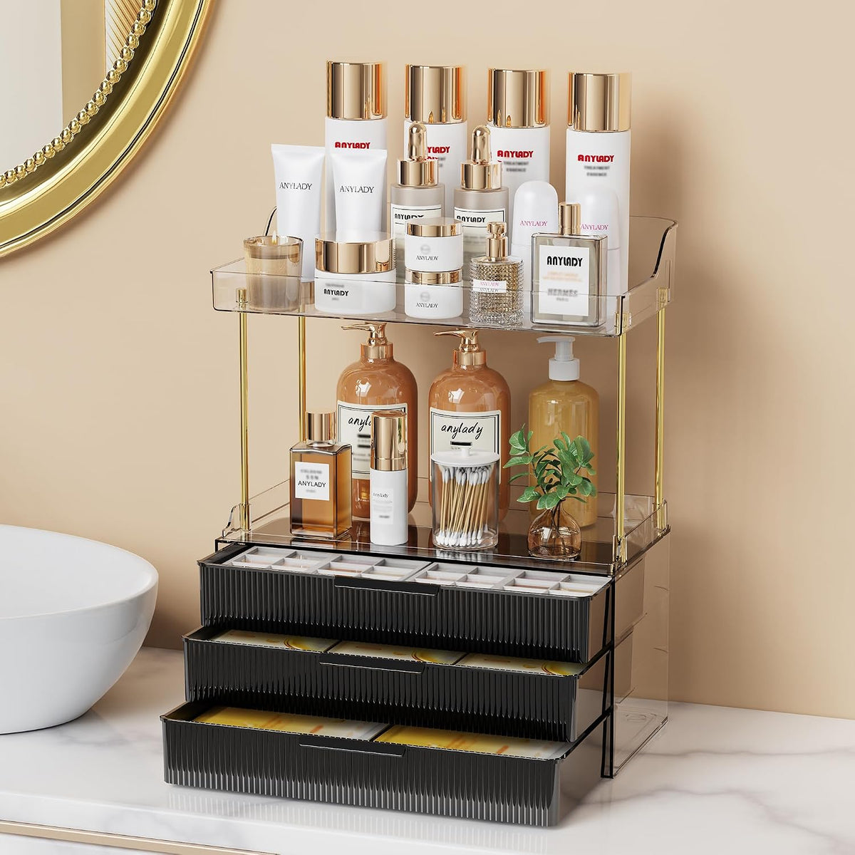 Bathroom Organizers and Storage, Makeup Organizer (Sturdy Durable Attractive), Ideal for Vanity, Countertop, Counter, Perfume, Skincare, Cabinet, Cosmetic, Dresser Organizer (Gold)