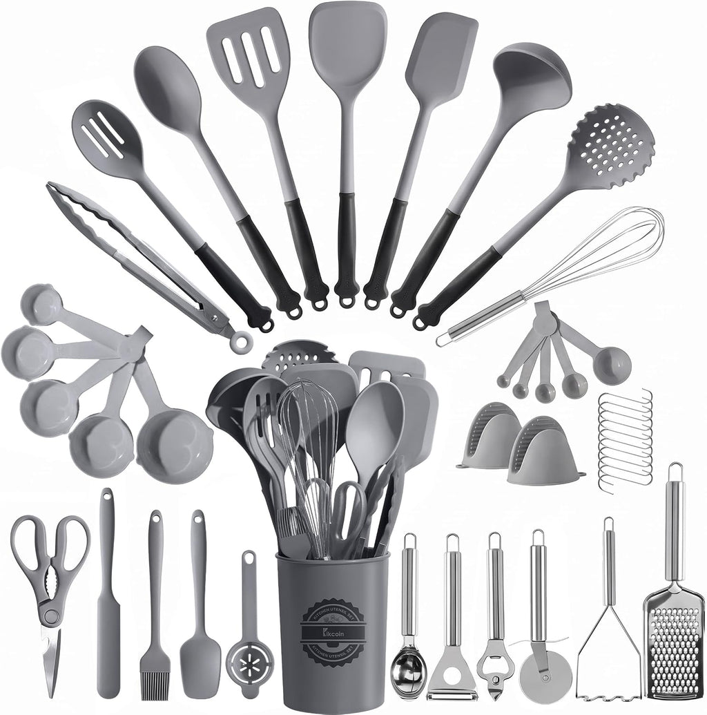 Kikcoin 43 PCS Silicone Kitchen Utensils Set, Cooking Utensils Set, Gray