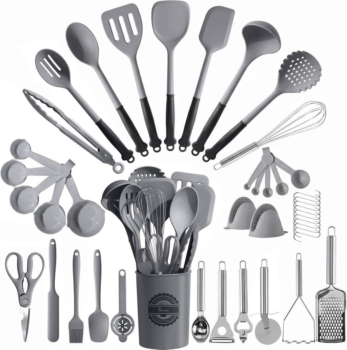 Kikcoin 43 PCS Silicone Kitchen Utensils Set, Cooking Utensils Set, Gray