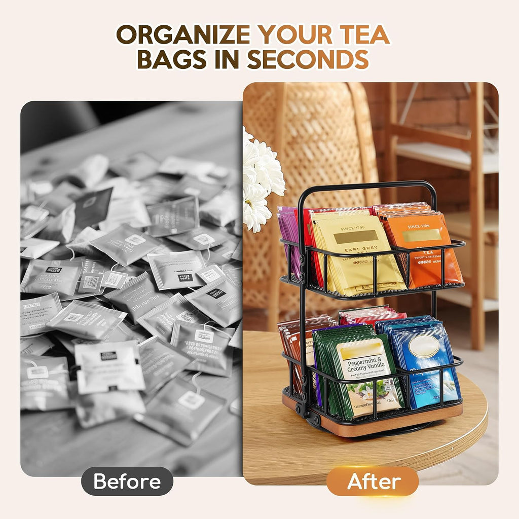 Rotating 2 Tier Tea Bag Organizer, 360° Spinning Teabag Organizer