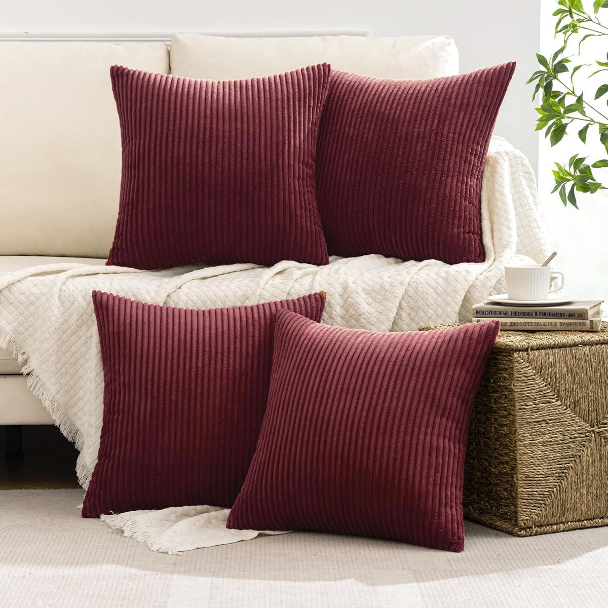 MIULEE Soft Corduroy Christmas Throw Pillow Covers Burgundy 18x18