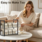 Tea Bag Organizer, 3 Tier Tea Bag Holder with 2 Removable Baskets, Wood and Metal Tea Organizers and Storage Chest for Countertop Kitchen, Office, Brown, Space-Saving Tea Storage Rack