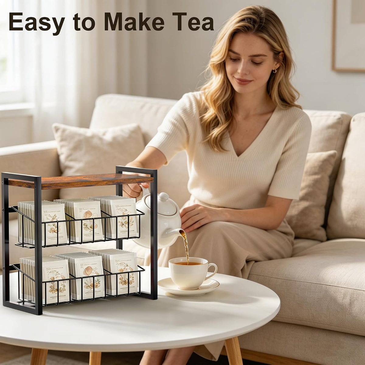 Tea Bag Organizer, 3 Tier Tea Bag Holder with 2 Removable Baskets, Wood and Metal Tea Organizers and Storage Chest for Countertop Kitchen, Office, Brown, Space-Saving Tea Storage Rack