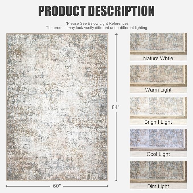 5x7 Area Rug Living Room Rug: Washable Modern Abstract Soft Thin Rug Indoor - Image 2