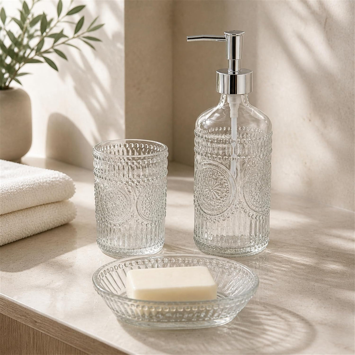 3PCS Glass Bathroom Accessories Set, Clear Soap Dispenser, Toothbrush Holder, Soap Dish, Modern Elegant Bathroom Decor for Housewarming Gift