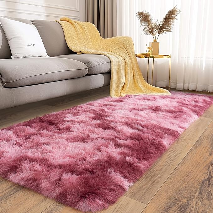 Soft Runner Rugs for Bedroom Hallways, 2x6 Tie-Dyed Blush Pink Fluffy Shag - Image 5