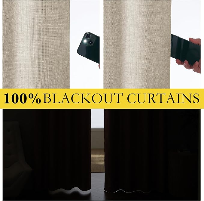 NICETOWN Taupe 100% Blackout Linen Curtains 90 inch Long Burg, Farmhouse Thick - Image 3