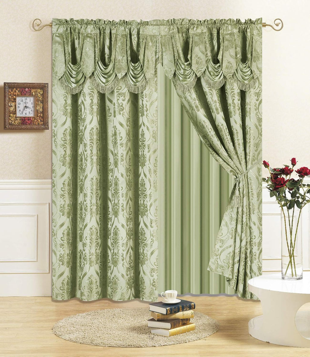 All American Collection New 4 Piece Drape Set with Attached Valance and Sheer with 2 Tie Backs Included (63" Length, Sage)