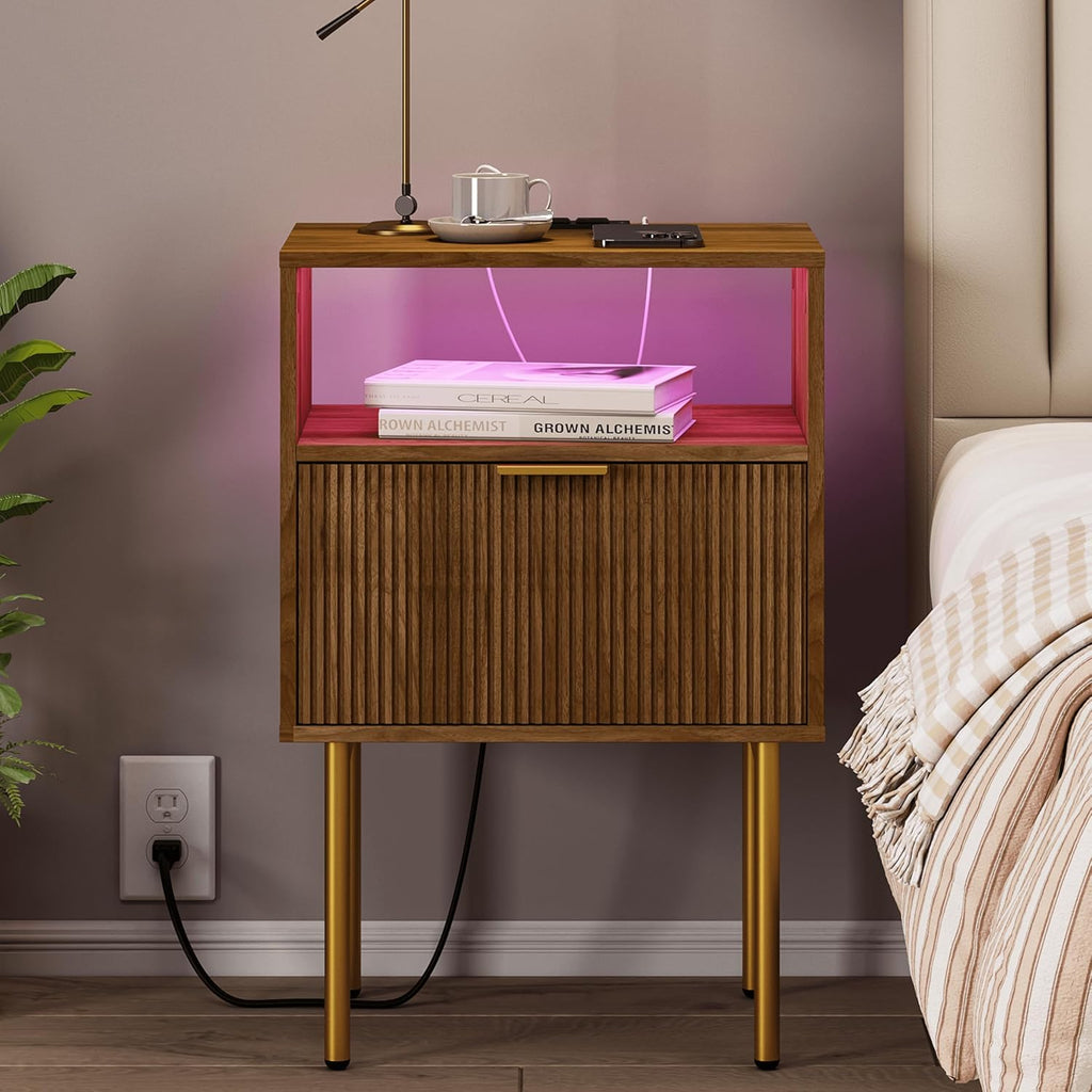 JOONEE Nightstand with Outlet and Led Light, Bedside Table with Storage Drawer, Fluted Side Table for Living Room, Bedroom