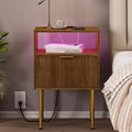 JOONEE Nightstand with Outlet and Led Light, Bedside Table with Storage Drawer, Fluted Side Table for Living Room, Bedroom