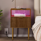 JOONEE Nightstand with Outlet and Led Light, Bedside Table with Storage Drawer, Fluted Side Table for Living Room, Bedroom