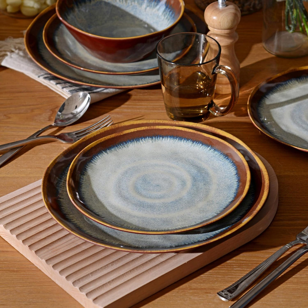 Melamine Dishes Set for 4, Kitchen Plates and Bowls Set, Rust Blue