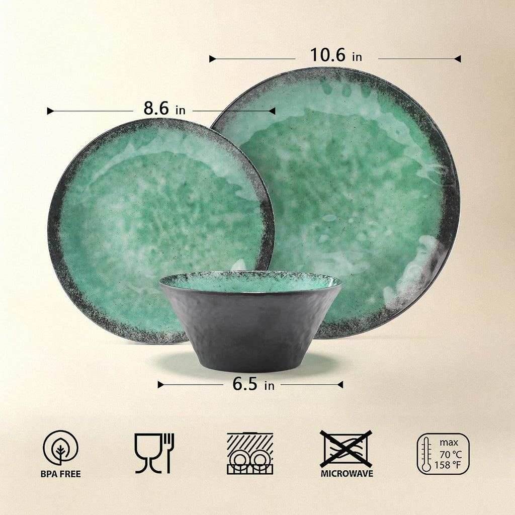 Melamine Dinnerware Sets for 4, 12 Pcs Plates and Bowls set, Green