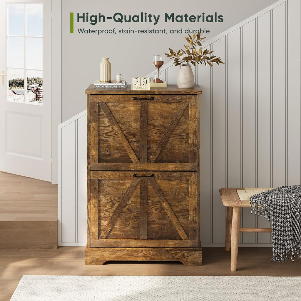 Smart FENDEE Shoe Cabinet, Shoe Storage Cabinet for Entryway with 2 Flip Drawers, Narrow Farmhouse Shoe Organizer Cabinet, Slim Shoe Rack Cabinet, 23.6in Rustic Brown