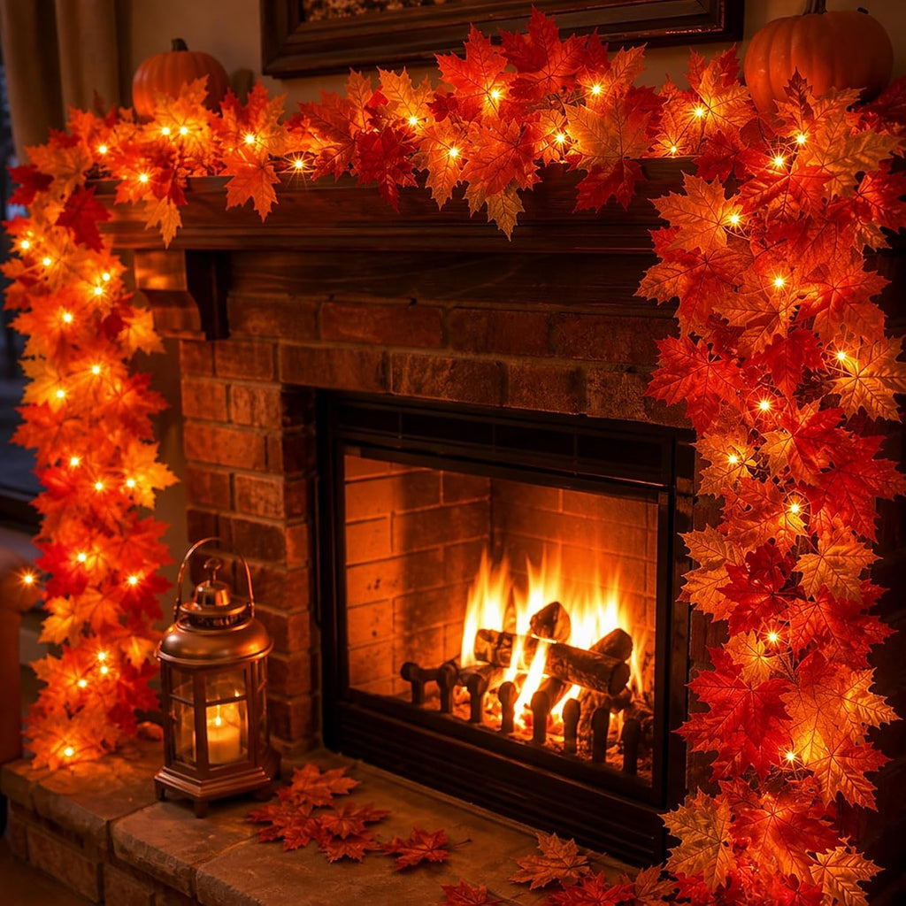 Fall Decorations for Home 9FT Fall Garland with Lights Plug in UL Listed 50 Orange Incandescent Bulbs, Connectable Fall Lights for Indoor Outdoor Halloween Harvest Thanksgivings Holiday Decorations