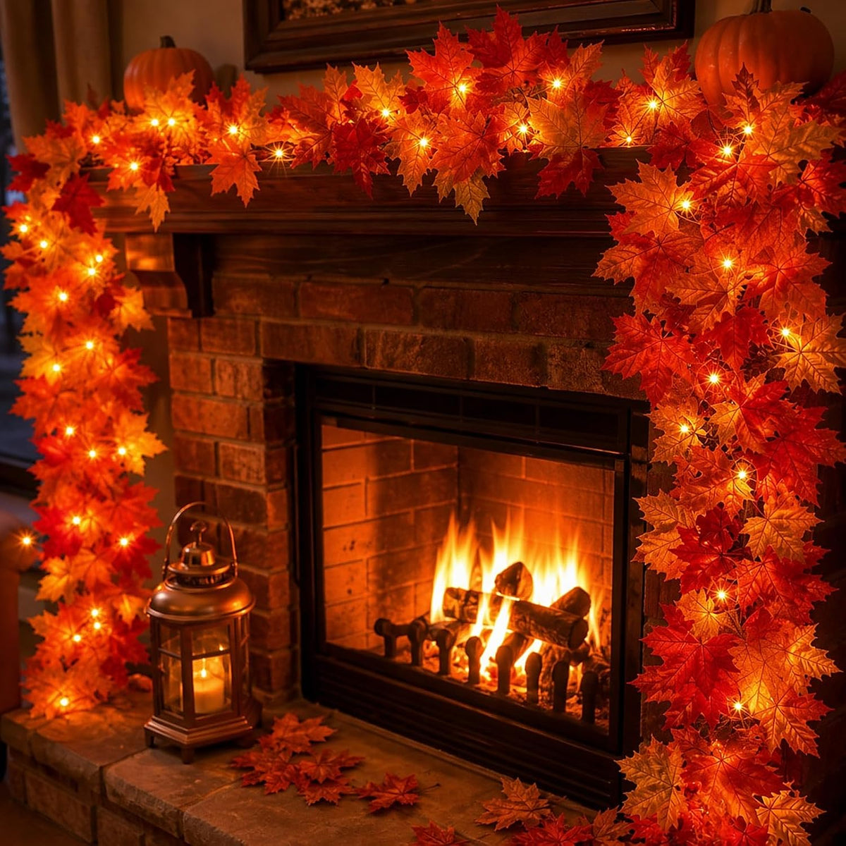 Fall Decorations for Home 9FT Fall Garland with Lights Plug in UL Listed 50 Orange Incandescent Bulbs, Connectable Fall Lights for Indoor Outdoor Halloween Harvest Thanksgivings Holiday Decorations