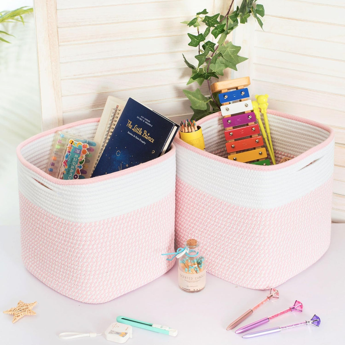 3-Pack 11x11 Inch Cube Storage Bin, Woven Storage Cube Organizer, Closet Organizer, Cute Square Storage Bins, Decorative Classroom Bathroom Pantry and Shelf Baskets, Light Pink