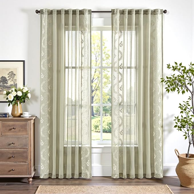 jinchan Belrose Sage Green Floral Sheer Curtains - Image 2