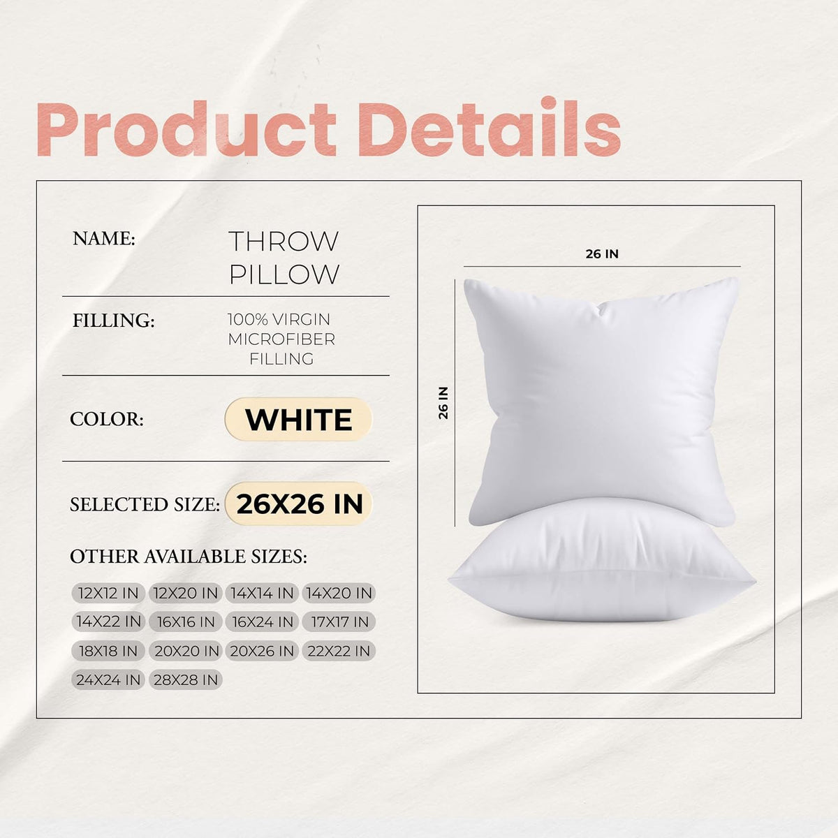 Utopia Bedding 26x26 Pillow Inserts, White Throw Pillows for Couch, 2 Pack