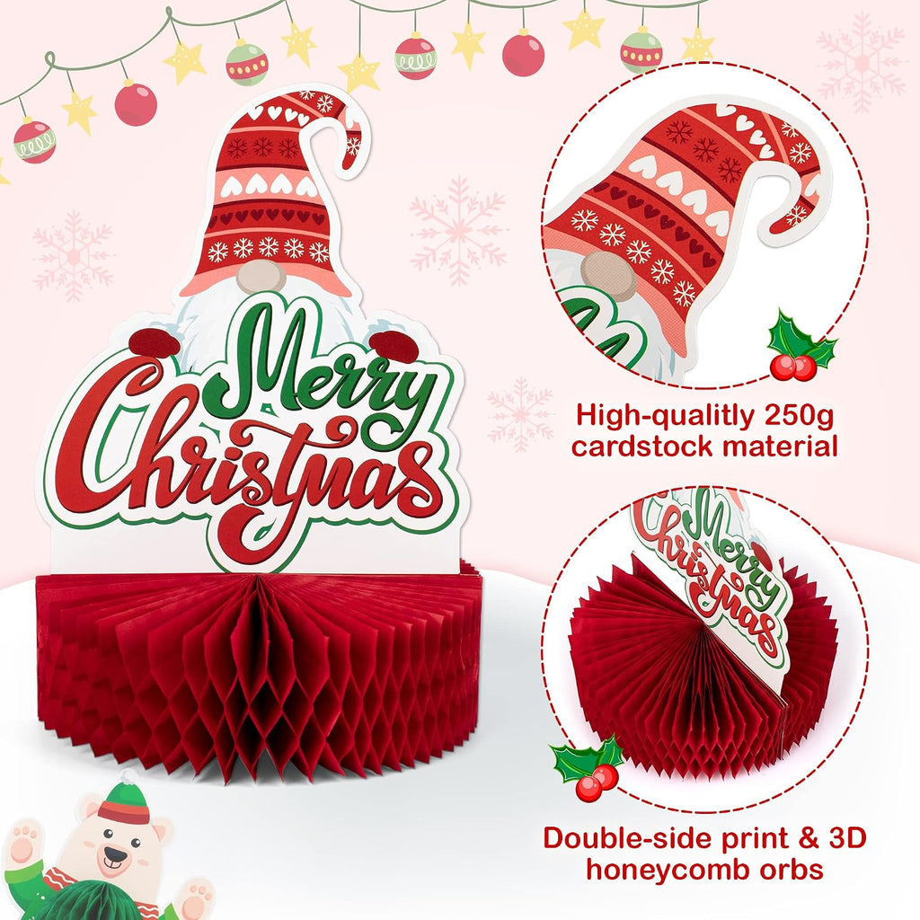 Mocoosy 12 Pack Christmas Party Honeycomb Centerpieces for Table Decorations, Xmas Center Pieces Table Topper with Gnome Santa Snowman Tabletop Centerpieces Decor Holidays Winter Office Party Supplies