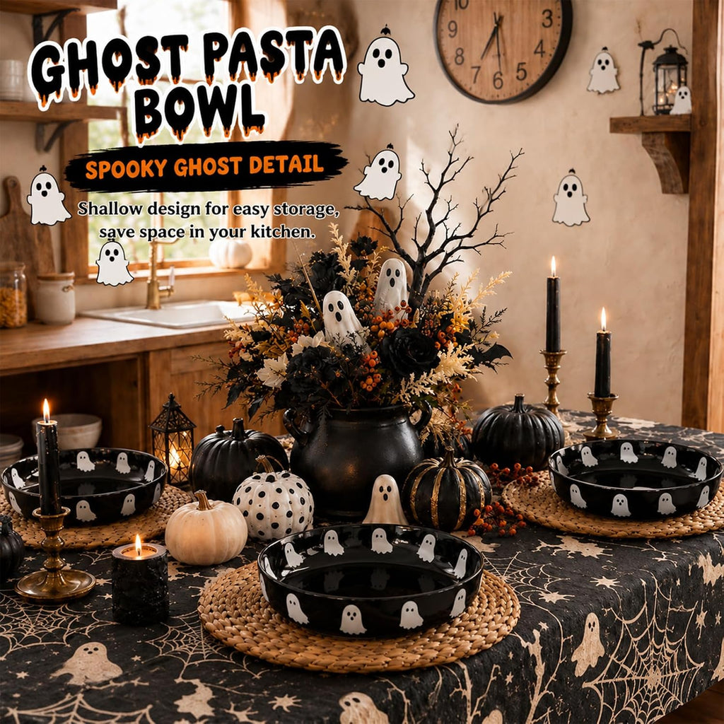 4 Pcs Halloween Ghost Ceramic Pasta Bowls Microwave & Dishwasher Safe, 40oz
