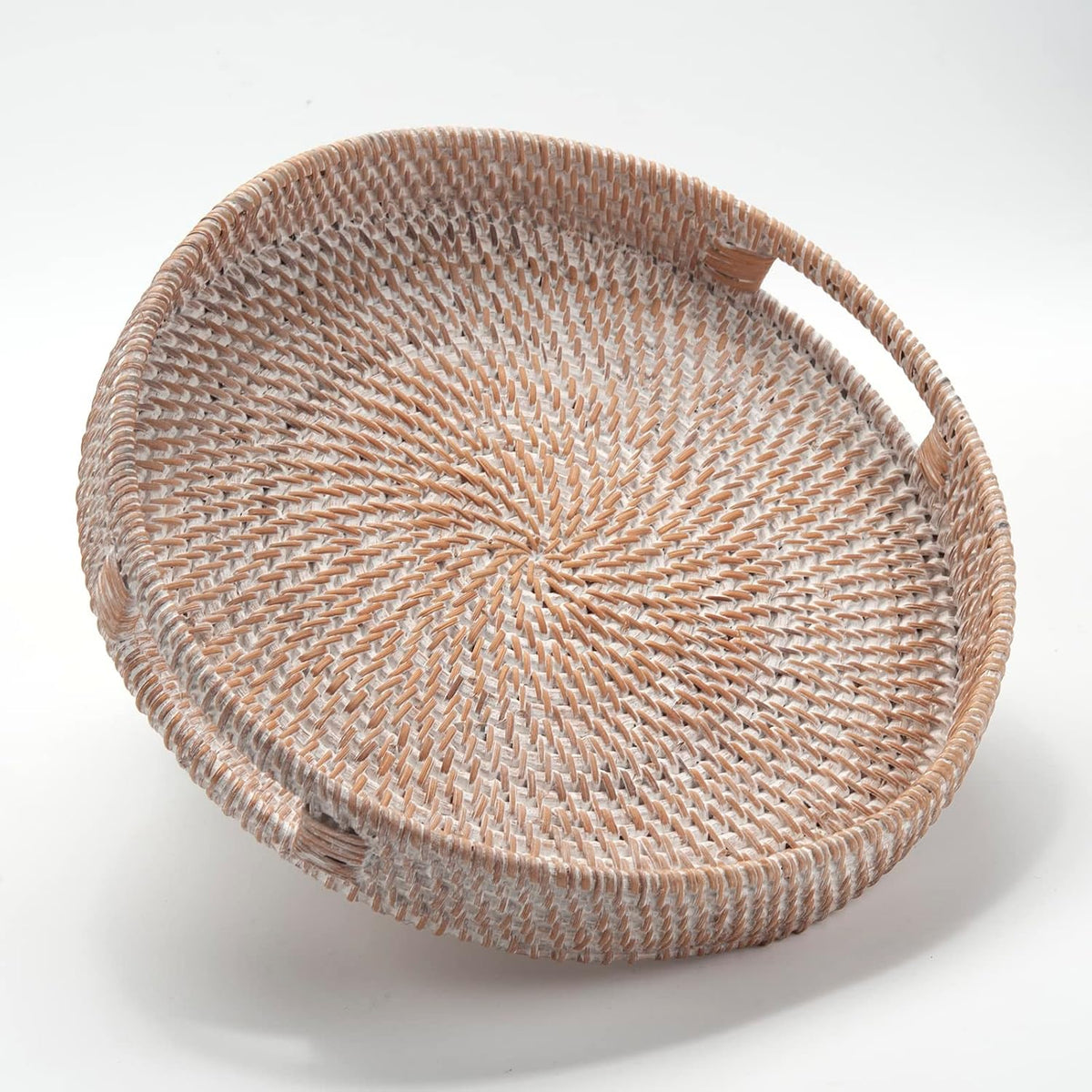Round Rattan Serving Tray Decorative Woven Ottoman Trays with Handles for Coffee Table Natural (Small 11.8 inch x 2 inch)