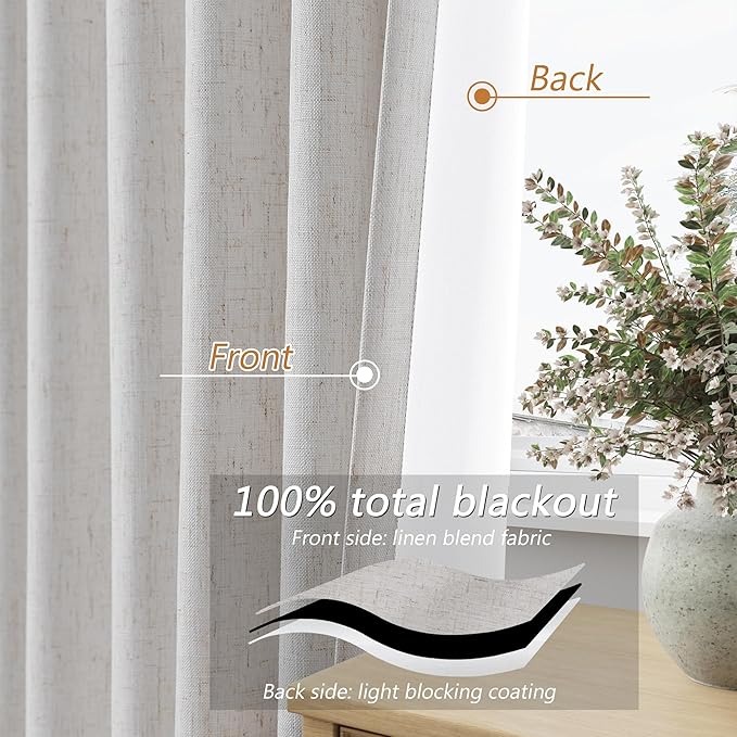 Guken Natural 100% Blackout Curtains 112 Inch Length 2 Panels Set Neutral Linen - Image 4