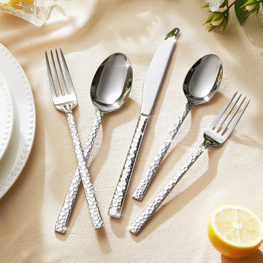 40 Piece Hammered Silverware Set, 18/10 Stainless Steel Flatware Set for 8