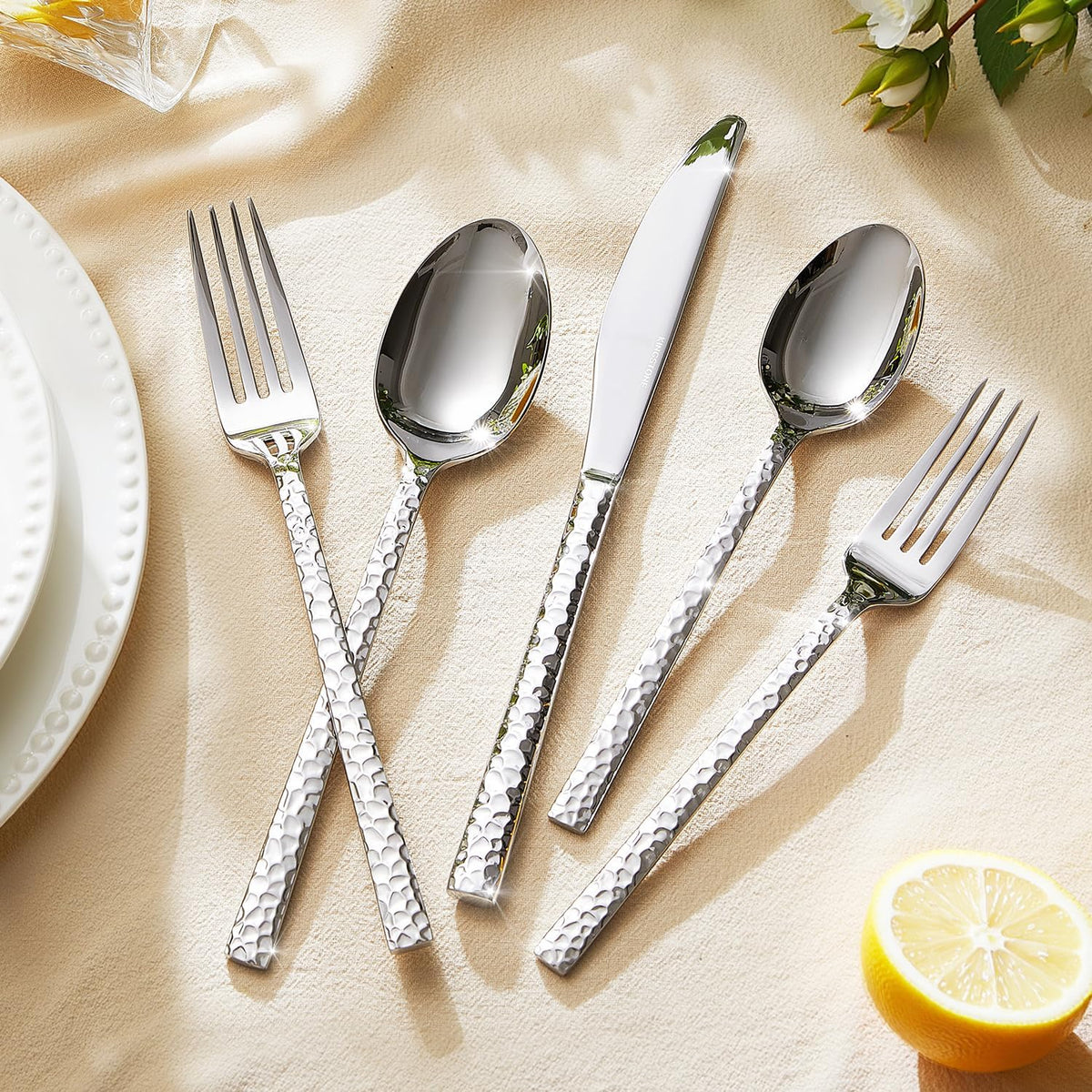 40 Piece Hammered Silverware Set, 18/10 Stainless Steel Flatware Set for 8