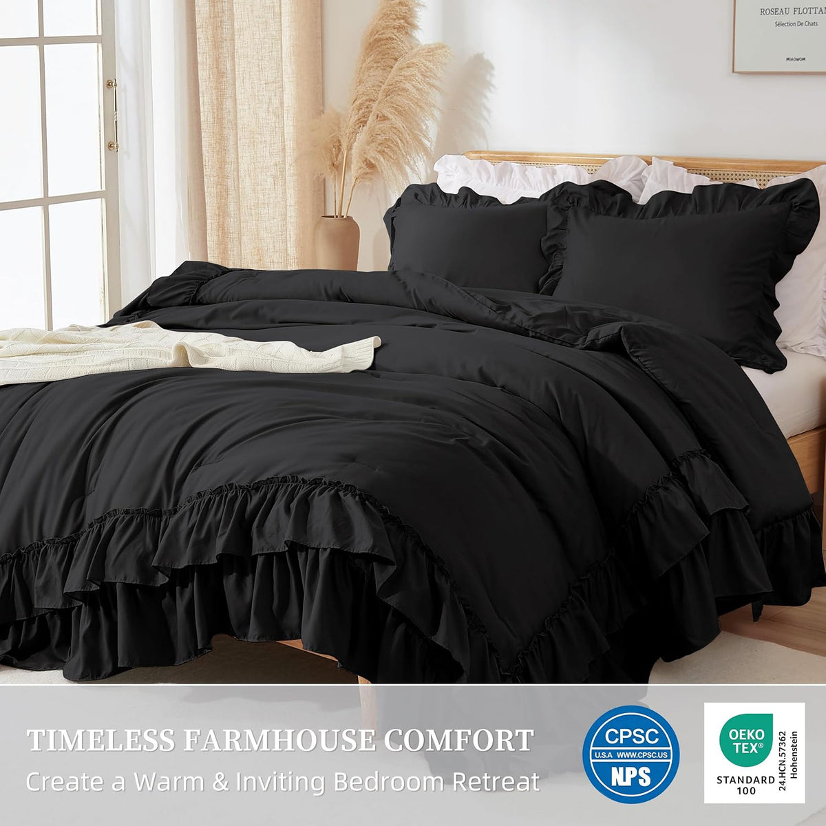 Ruffled Comforter Set Queen Size, 3-Piece Shabby Chic Bedding