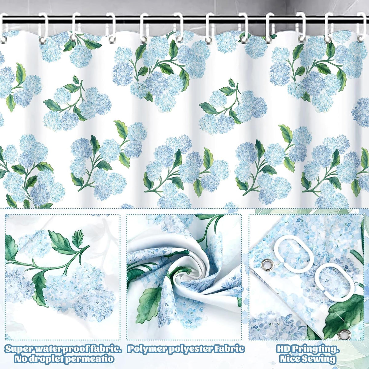FYSUIMU 4Pcs Blue Hydrangea Bathroom Set Spring Floral Non-Slip Bath Mat U-Shaped Toilet Rug Toilet Lid Cover Shower Curtain with Hooks for Home Hotel Accessories Decoration