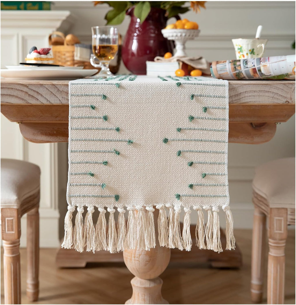 Caflife Green Beige Cotton Linen Rustic Boho Table Runner 13 x 90 Inch Long