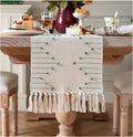 Caflife Green Beige Cotton Linen Rustic Boho Table Runner 13 x 90 Inch Long