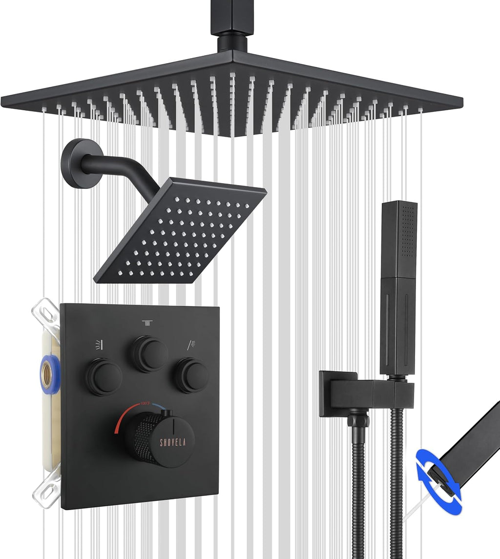 Thermostatic Shower System Brushed Gold, Push Button Diverter Shower Faucet with 2 in 1 Handheld, Ceiling Mount 12 Inch Shower Head with 6 Inch Wall Mount Shower Head