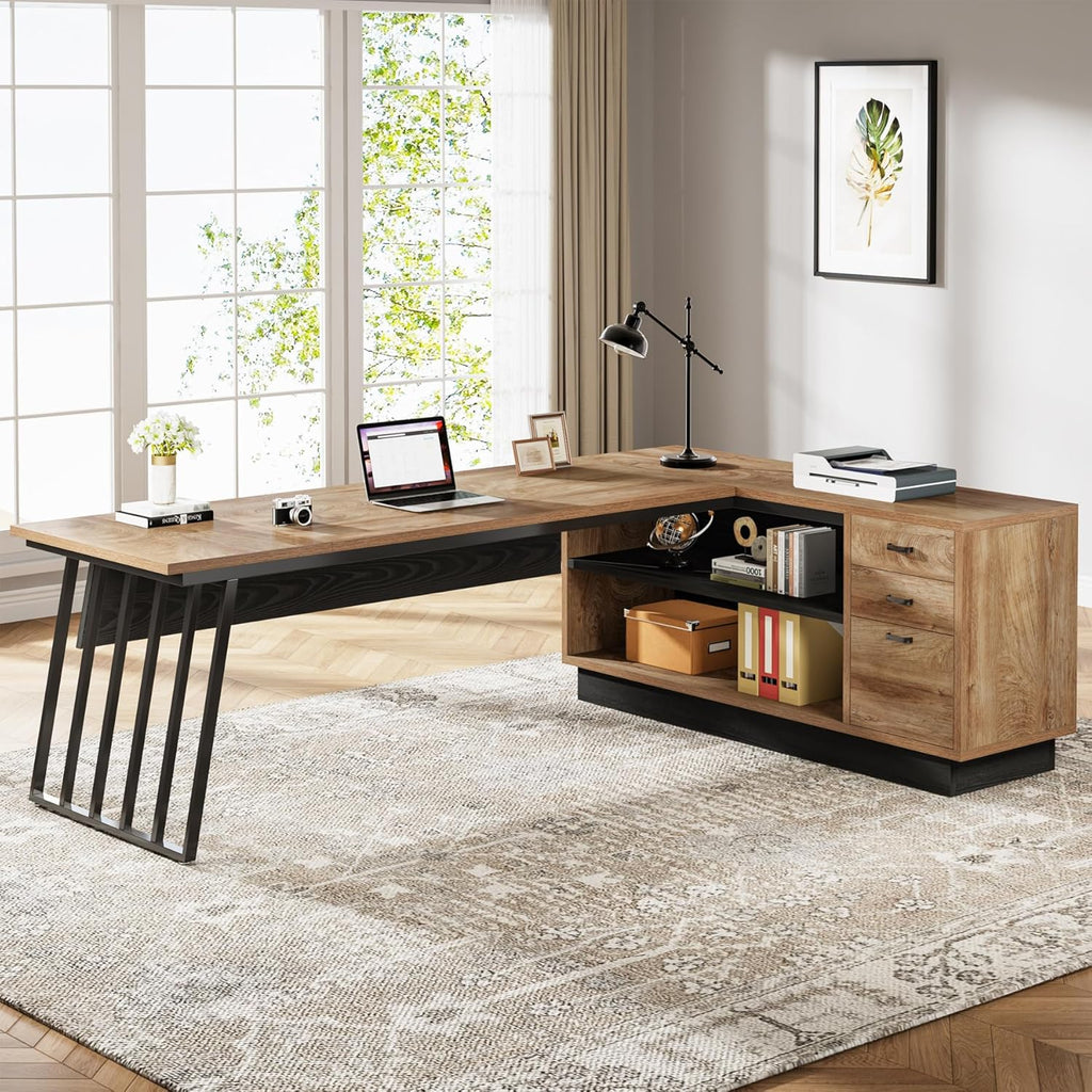 Tribesigns 71” Executive Desk, L-Shaped Desk with Cabinet, Oak and Black