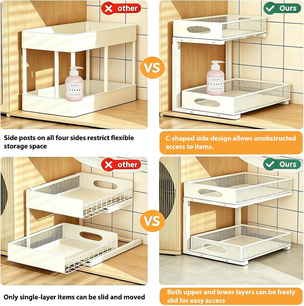 2 Pack Under Sink Organizer, 2-Tier Pull Out Kitchen Cabinet Organizer, Height Adjustable Metal Slide Out Bathroom Organizers and Storage Makeup Drawer Organizer for Office Bedroom(A-White, 2Pack)