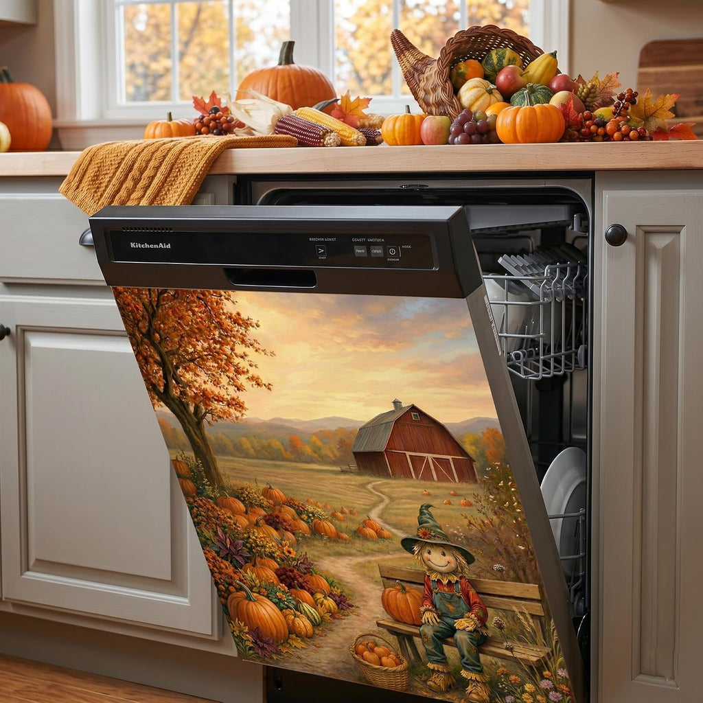 Thanksgiving Dishwasher Magnet Cover 23 x 25.5 Inch, Fall Farm Scarecrow Dishwasher Magnetic Cover, PVC Dishwasher Decorative Magnet for Kitchen Decor