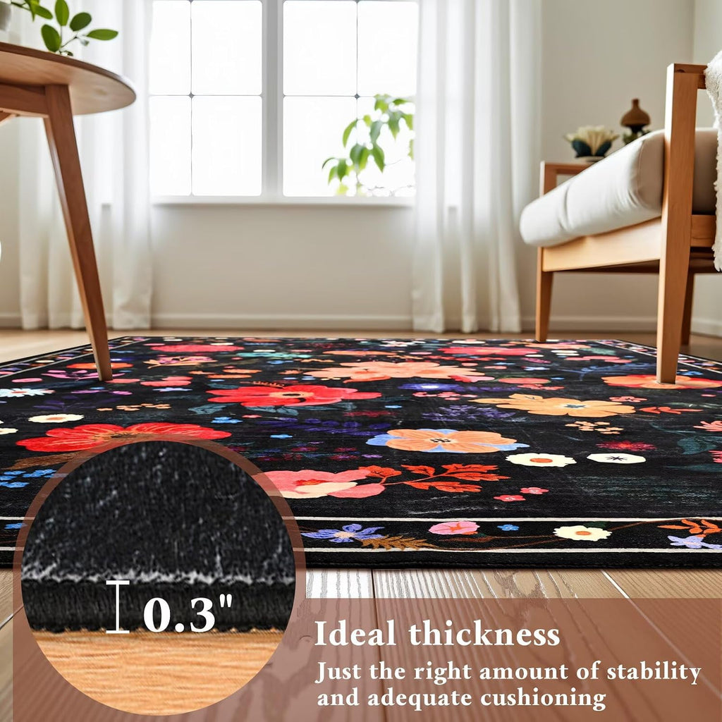 Macgace Floral Area Rug for Living Room, Machine Washable 5x7 Black Rugs