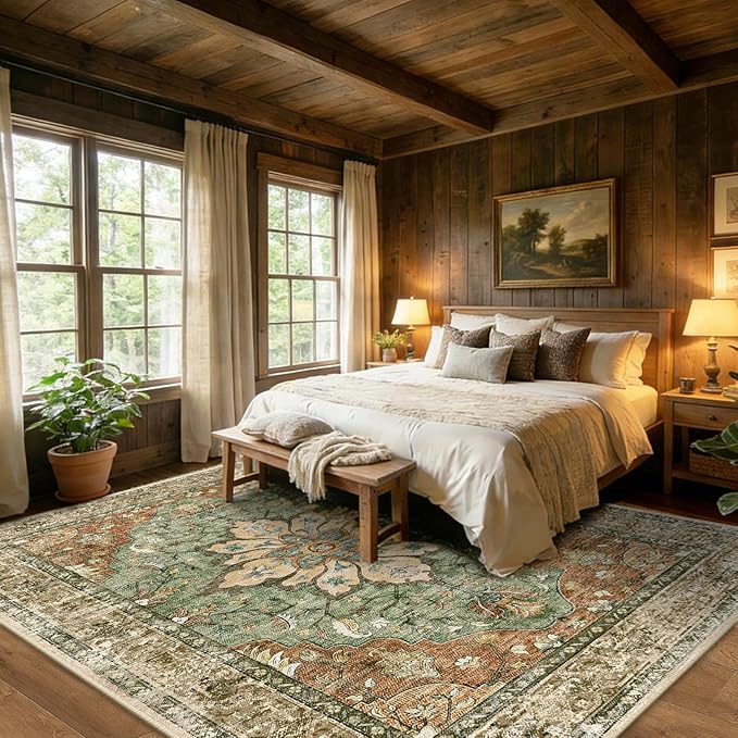 Area Rugs 9'x12' Washable Non-Slip, Floral Vintage Distress Print Pattern - Image 3