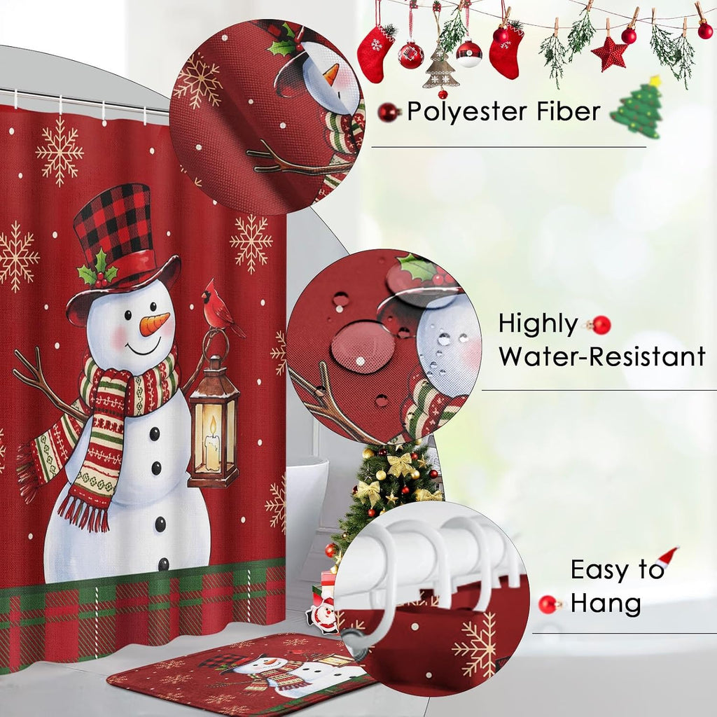 ArtSocket Christmas Bathroom Sets with Shower Curtain and Rugs Red Snowman
