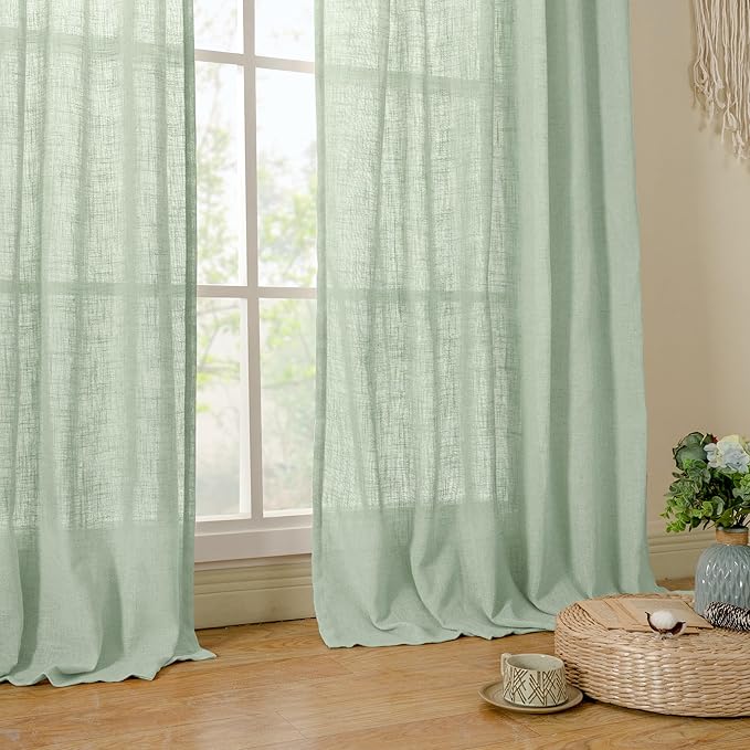 LAMIT Fresh Green Linen Boho Curtains 68 inch Length 2 Panels, Light Filtering - Image 9