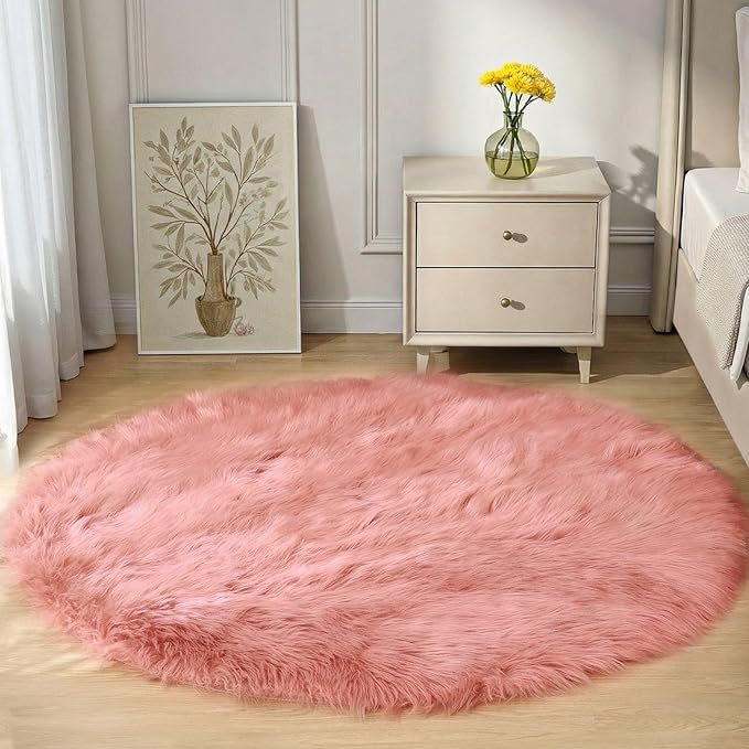 Goolela Pink Circle Rug 4ft for Girls Bedroom Round Fuzzy Fluffy Faux Fur - Image 2