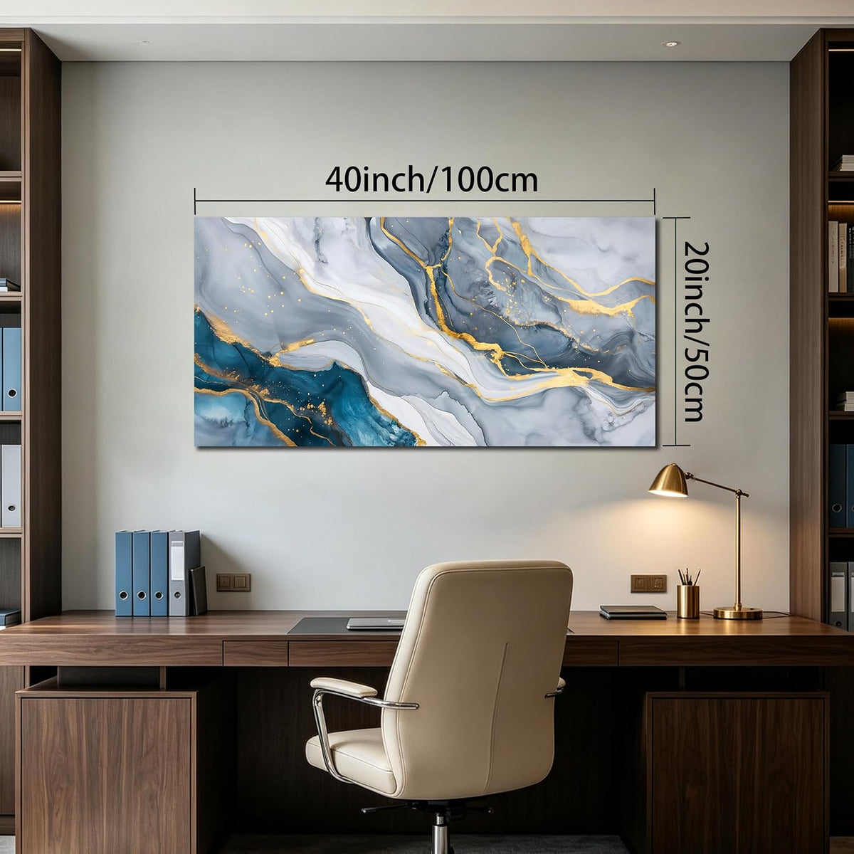 Blue and Gray Abstract Gold Fluid Canvas Wall Art for Living Room 20"X40"