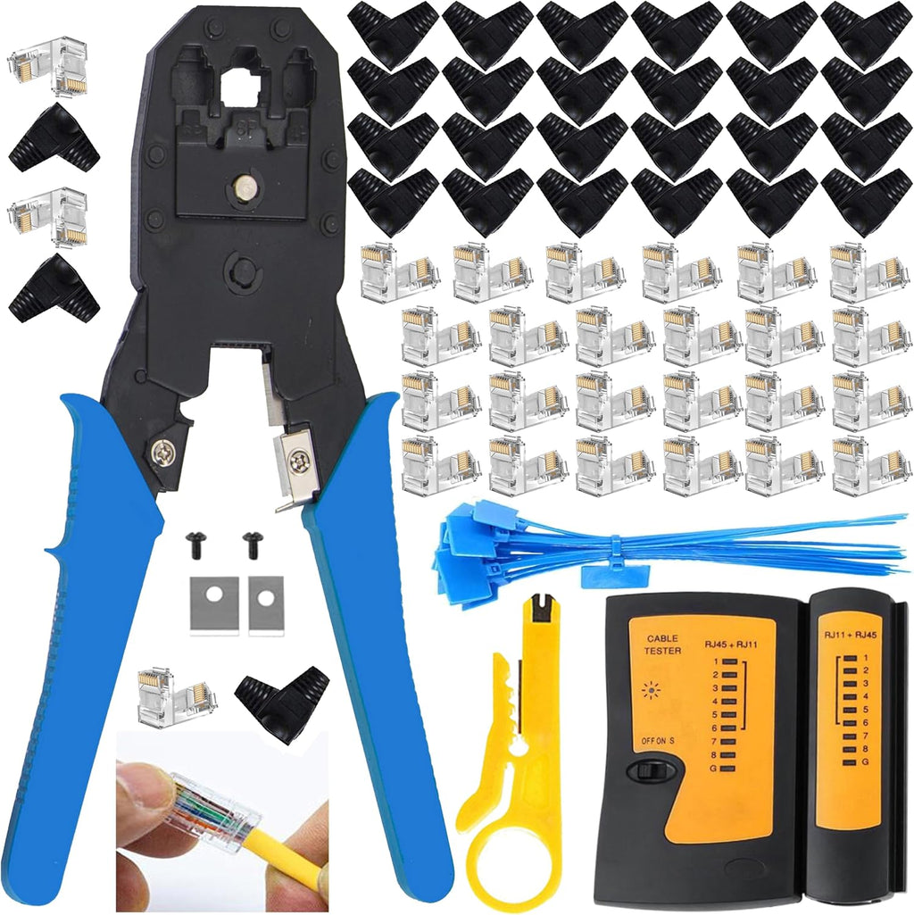 LEATBUY CAT6 Crimp Tool Kit for RJ45/RJ11/RJ12/CAT5/Cat5, Professional Network Crimper Wire Connector Stripper Cutter, Computer Maintenance Lan Cable Pliers Tester Repair Tool Set(BLUE)