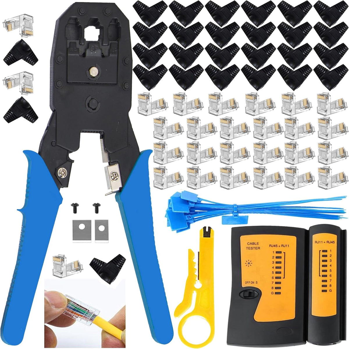 LEATBUY CAT6 Crimp Tool Kit for RJ45/RJ11/RJ12/CAT5/Cat5, Professional Network Crimper Wire Connector Stripper Cutter, Computer Maintenance Lan Cable Pliers Tester Repair Tool Set(BLUE)