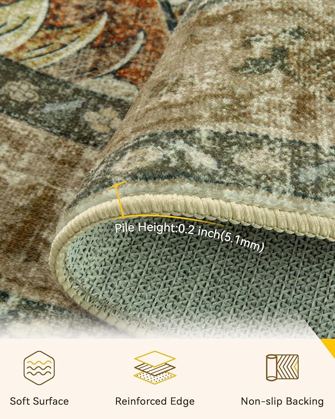 Area Rugs 8ft Washable Non-Slip, Floral Vintage Distress Print Pattern - Image 4