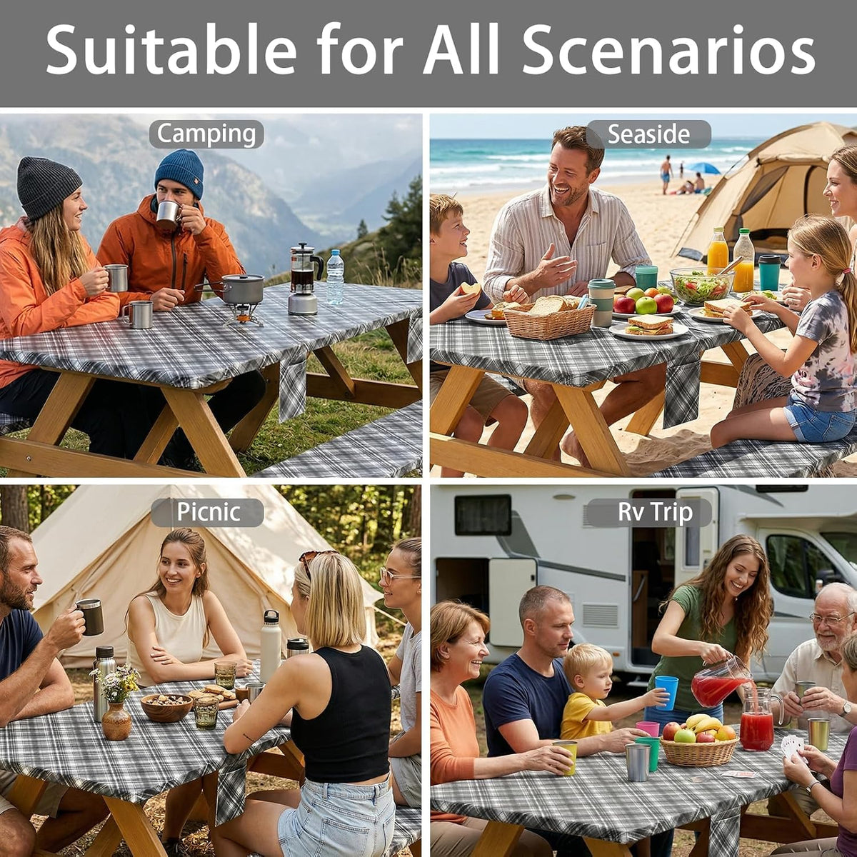 Fitted Waterproof Picnic Table Cover with Bench Covers Heavy Duty Elastic Outdoor Camping Tablecloth for 6 Foot Rectangle Tables Summer Rv Accessories Patio Garden Road Trip Essentials Gifts